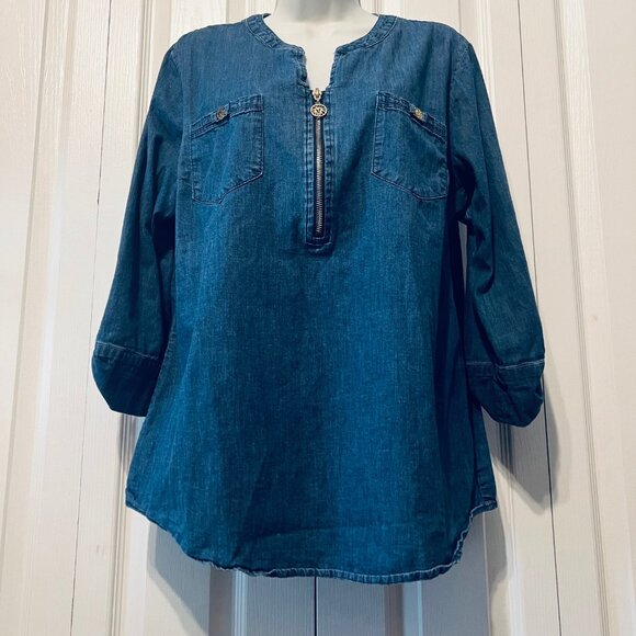 Anne Klein-Women's Pull Over Blue Denim/Jean 3/4 Button Tap Sleeves Top-Large - Picture 1 of 16